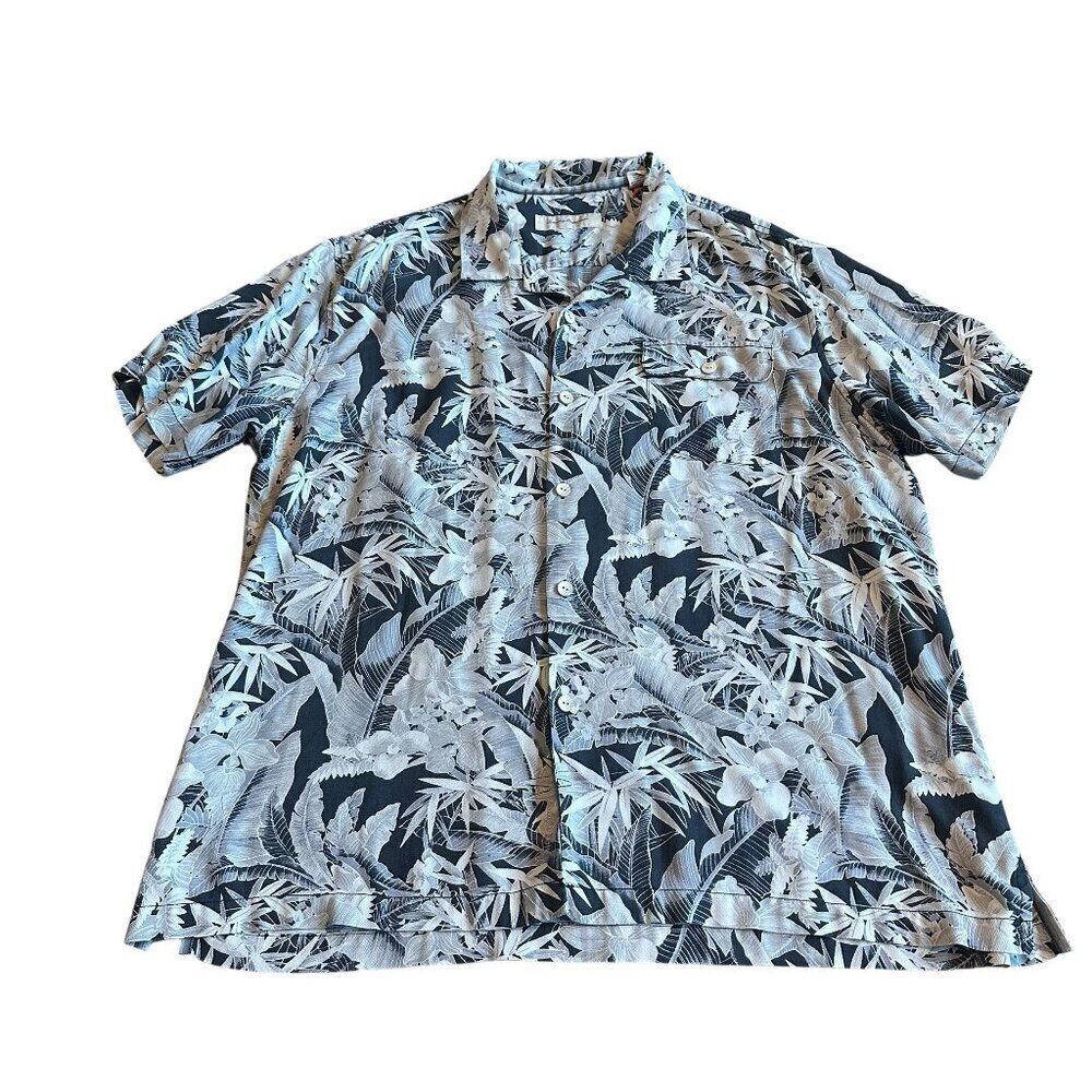 Tommy Bahama Silk Blend Button-Down Shirt Short Sleeve Grey White XXL 2XL Men's